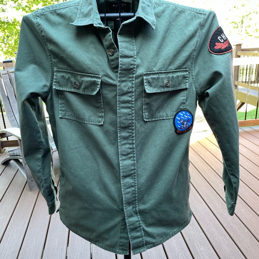 PacSun Shacket Jacket w/Embroidered Patches Military Army Green Size Small